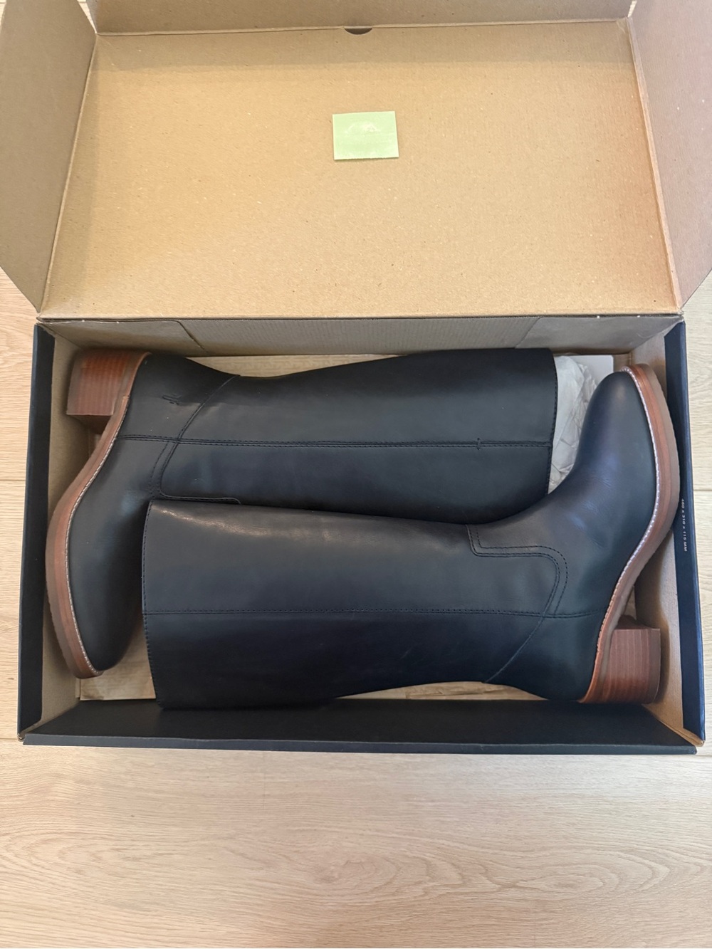 Frye Black Leather Knee-High Boots with Brown Stacked Heel